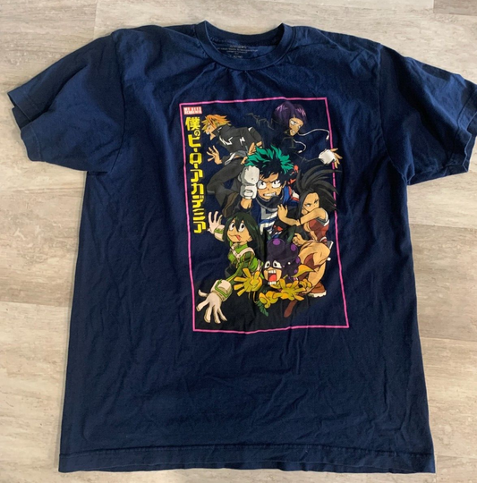 My Hero Academia Men's Blue T-Shirt - L - Anime Kanji Group Graphic Adult Tee