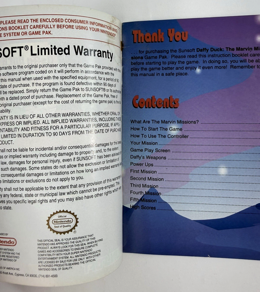 Sunsoft 1993 Daffy Duck The Marvin Missions Instructional Manual SNS-YF-USA
