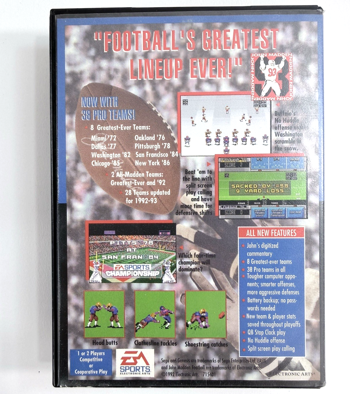 John Madden Football '93 (Sega Genesis, 1993) Game, Case, Registration, Insert