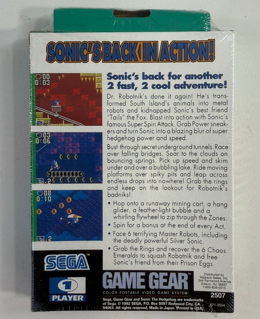 Sonic the Hedgehog 2 (Sega Game Gear, 1992) New, Factory Sealed