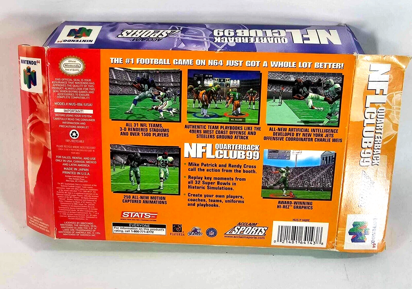 NFL Quarterback Club 99 (Nintendo 64, 2000) Game Box Poster Insert - Tested