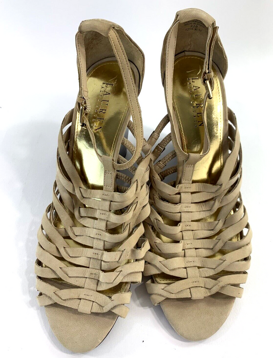 Ralph Lauren Damalise Beige Leather Wedge Sandals Size 9.5B