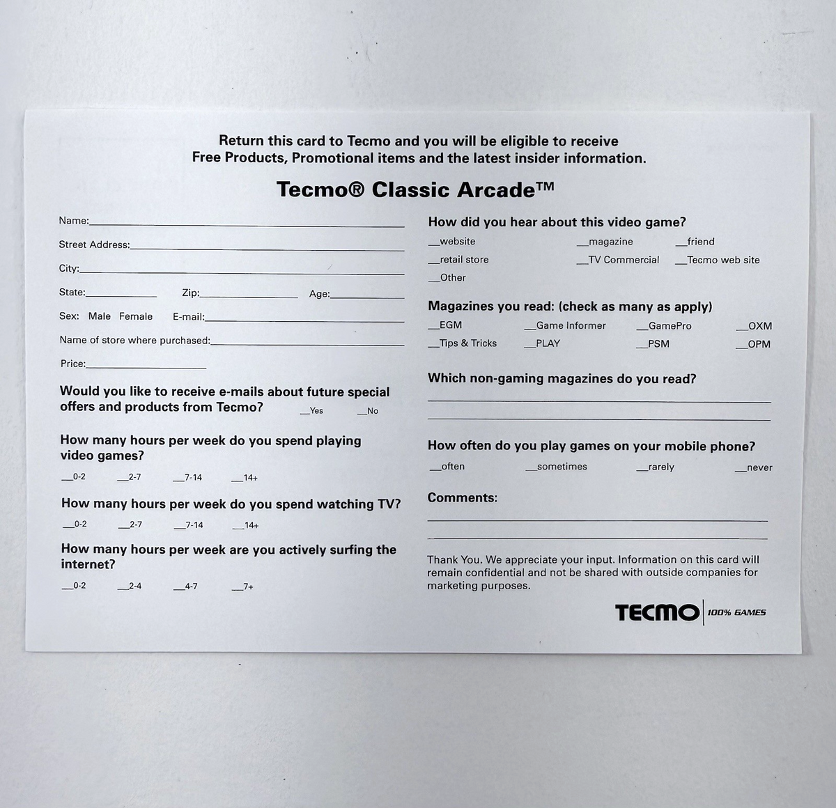 Tecmo Classic Arcade (Xbox, 2005) Game Case Manual Registration - Tested