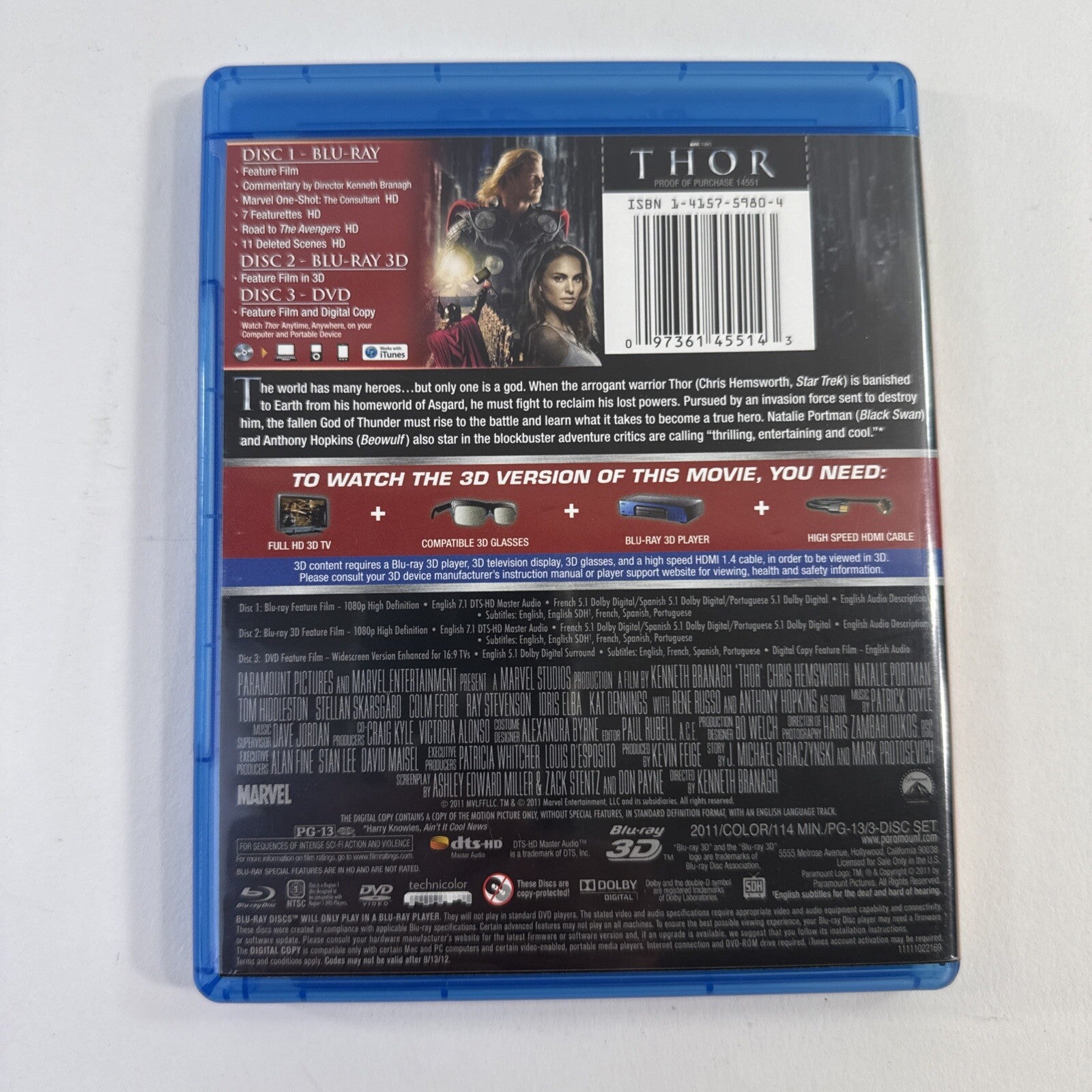 Thor Limited 3D Version (Blu-ray 3D, 2011)  - Tested And Working