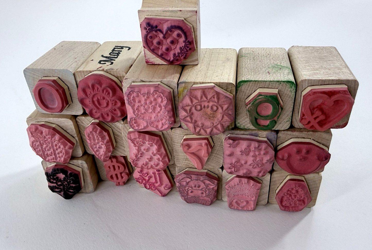 19 Pcs. Vintage Mini Wood Mounted Stamps -  Numbers Flowers Expressions Animals