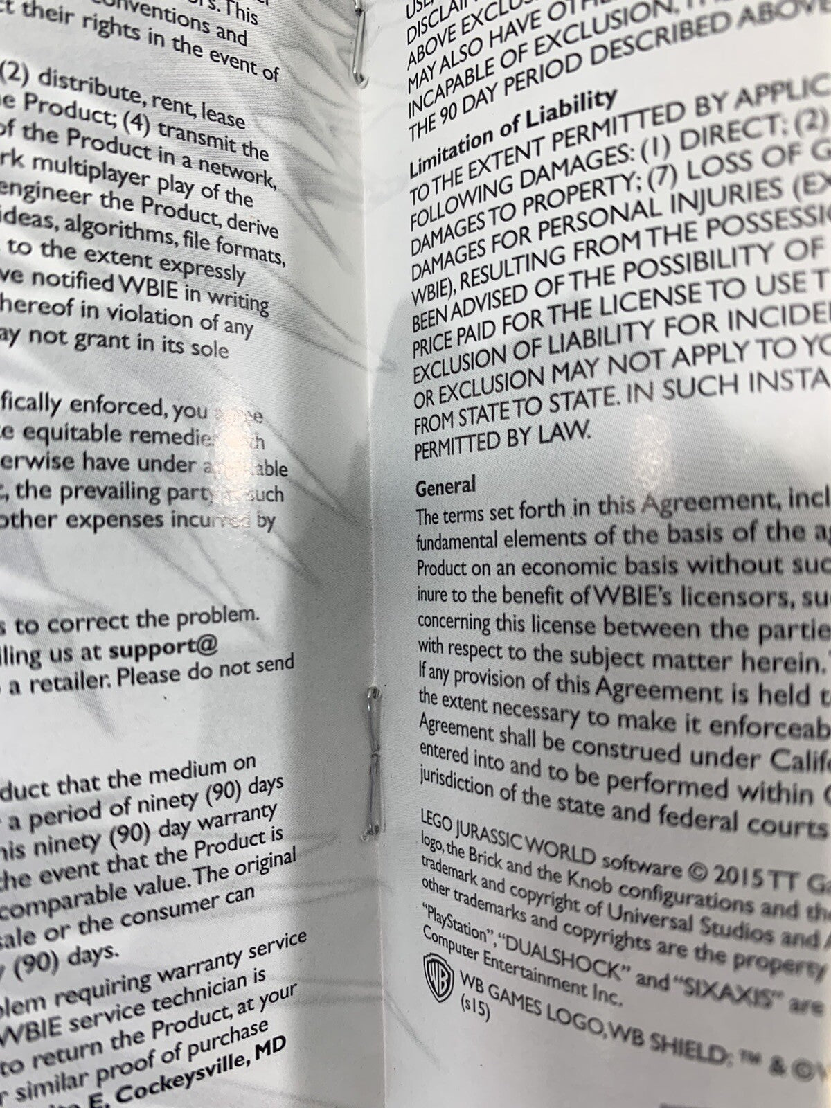 LEGO Jurassic World (Sony PlayStation 3, 2015) Game and Manual - Tested