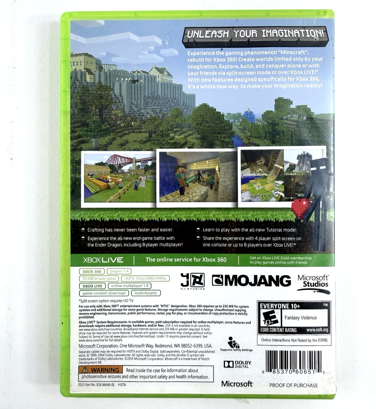 Minecraft (Microsoft Xbox 360, 2013) Game and Case - Tested and Working