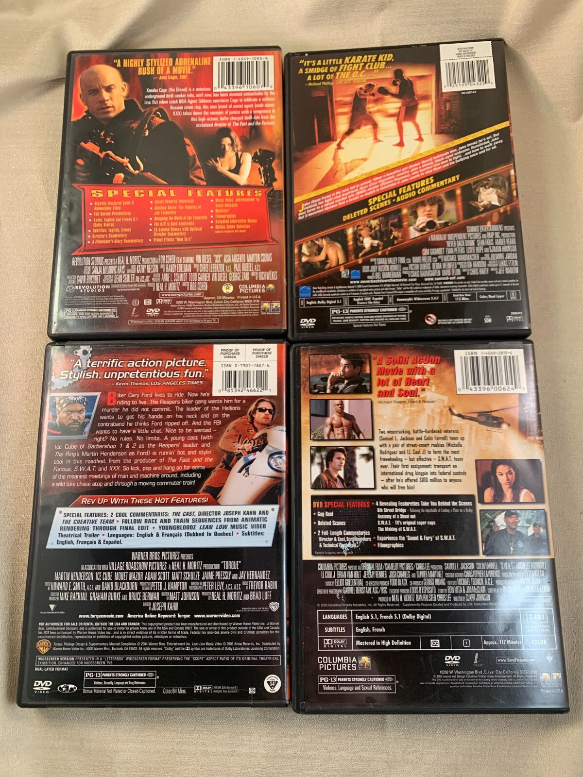 XXX/Never Back Down/SWAT/Torque  (DVD bundle) Action Movies