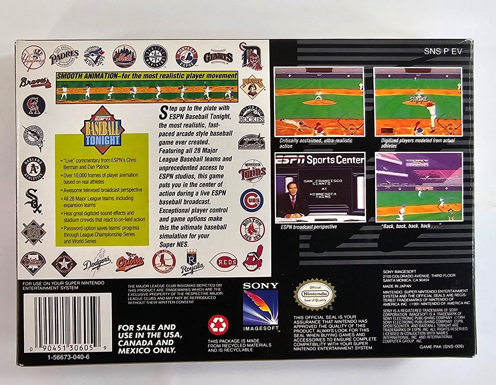 ESPN Baseball Tonight (Super Nintendo, 1994) Game Box Manual Poster - Tested