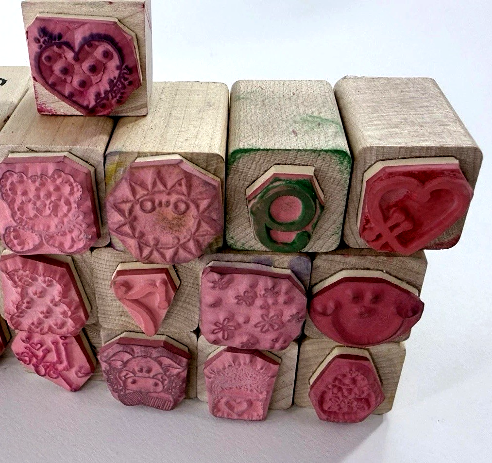 19 Pcs. Vintage Mini Wood Mounted Stamps -  Numbers Flowers Expressions Animals