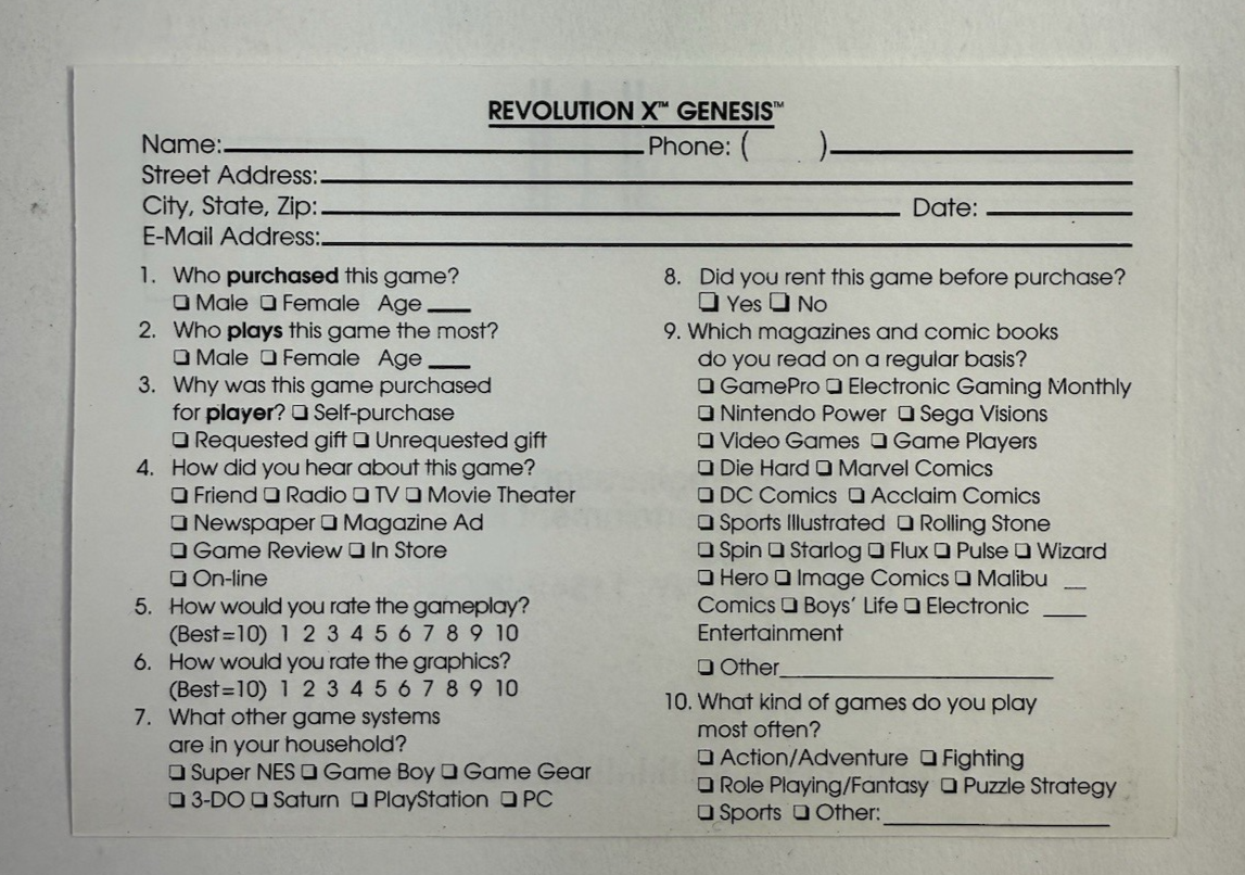 Revolution X f. Aerosmith (Genesis, 1995) Game Case Manual Poster Registration