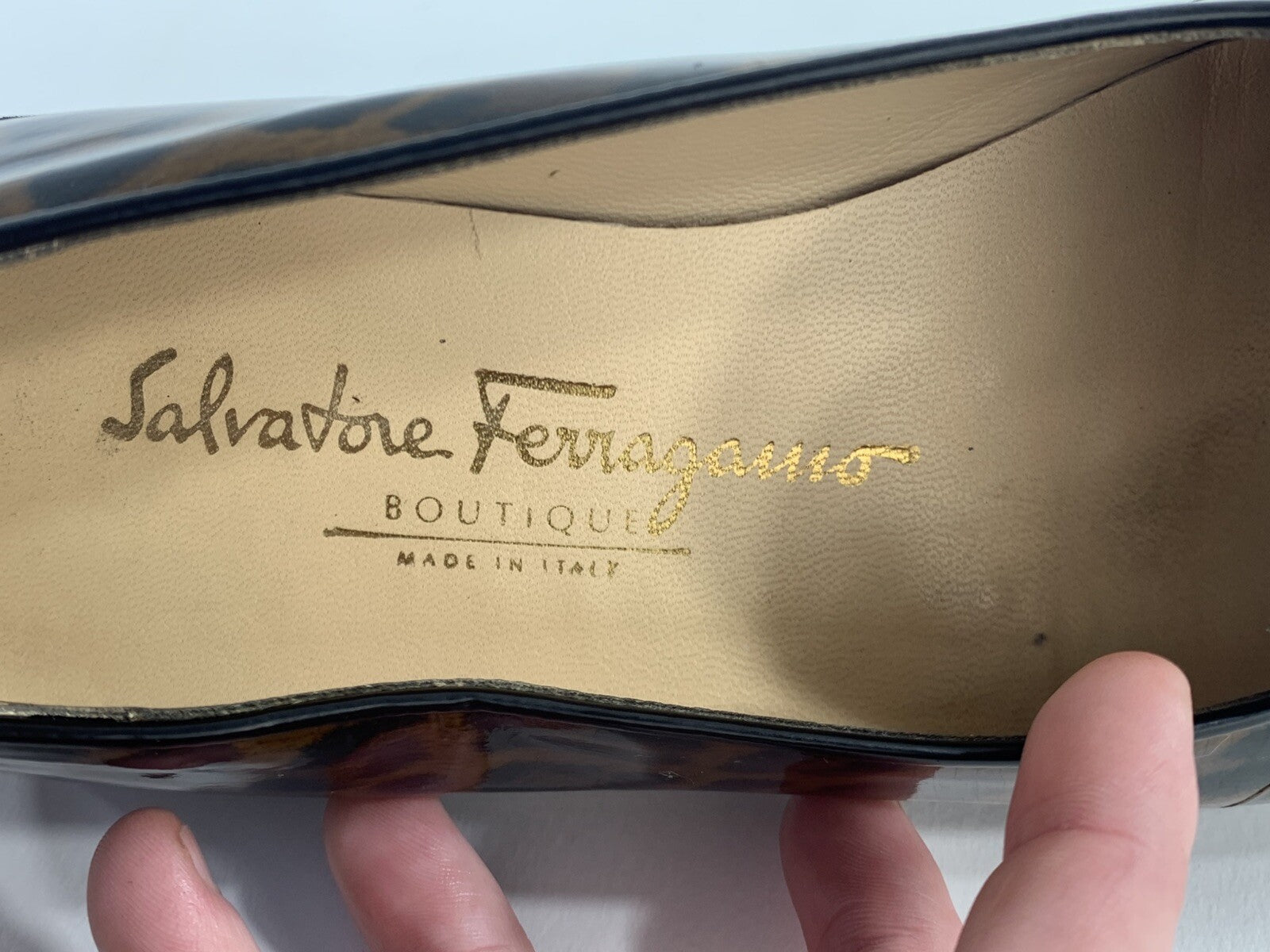 Salvatore Ferragamo Cognac Size 7 AA Leopard Print Brown Patent Leather Flats