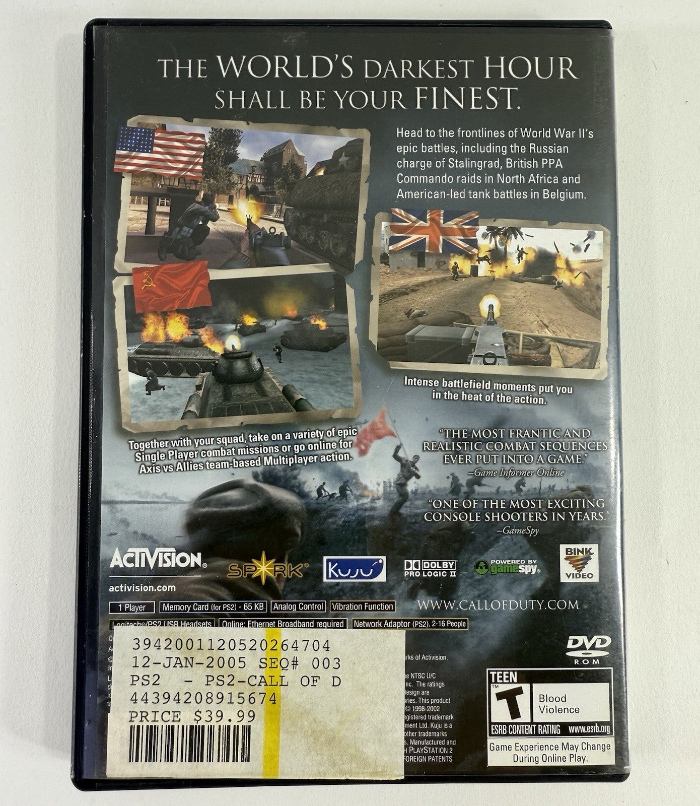 Call of Duty: Finest Hour (Sony PlayStation 2, 2004) Game Case Manual - Tested