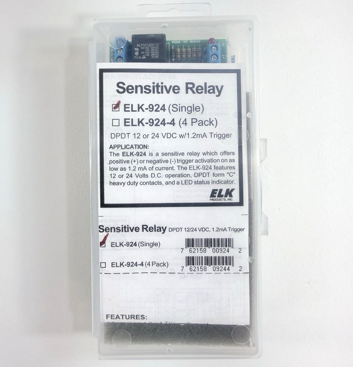 ELK-924 Sensitive Relay Module DPDT 12/24 VDC w/ 1.2 mA Trigger  - Open Box
