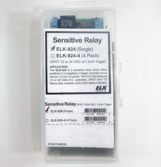 ELK-924 Sensitive Relay Module DPDT 12/24 VDC w/ 1.2 mA Trigger  - Open Box