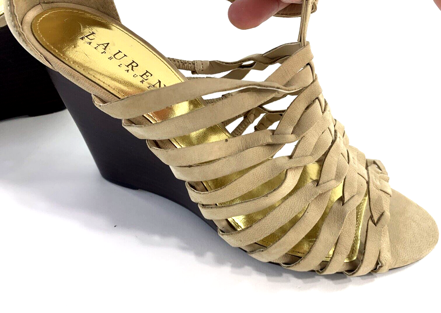 Ralph Lauren Damalise Beige Leather Wedge Sandals Size 9.5B