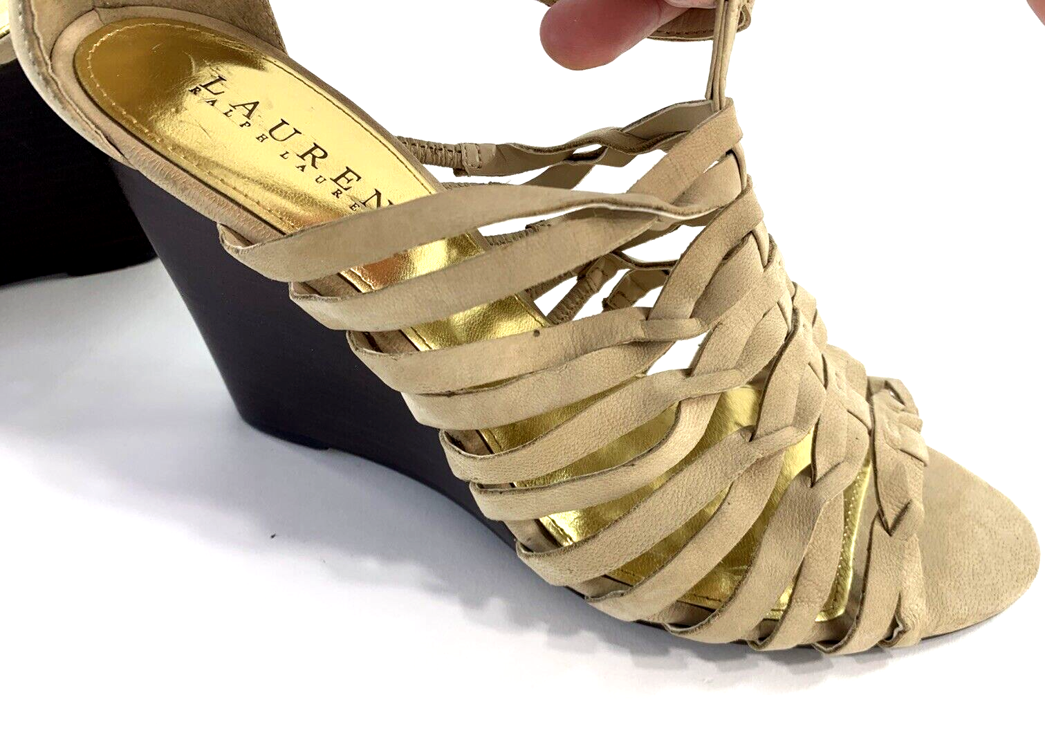 Ralph Lauren Damalise Beige Leather Wedge Sandals Size 9.5B