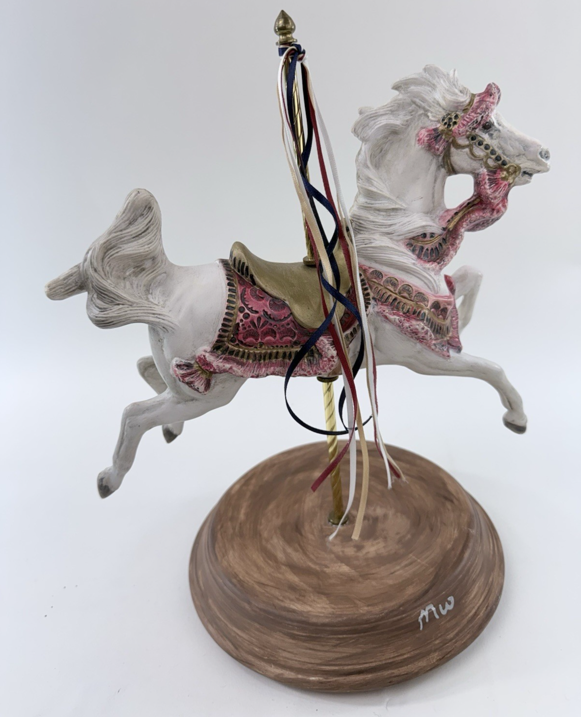 Large 13” Ceramic Carousel Horse Figurine with Ribbons Pink And Gold Trim
