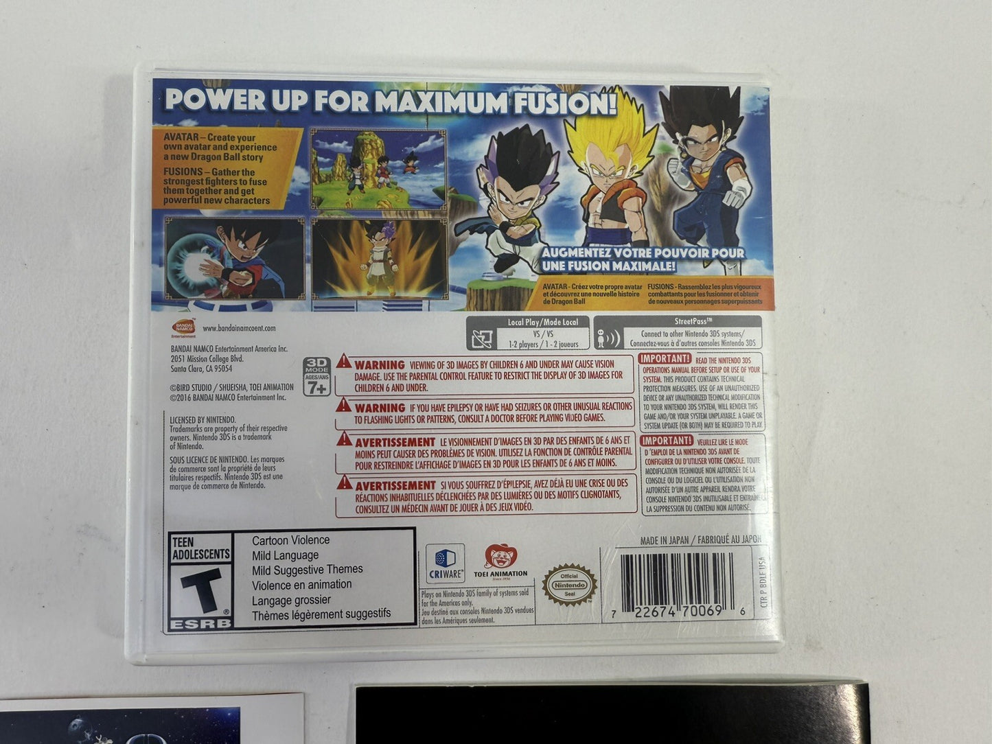 Dragon Ball Fusions (Nintendo 3DS) Original Case Inserts & Manual - No Game