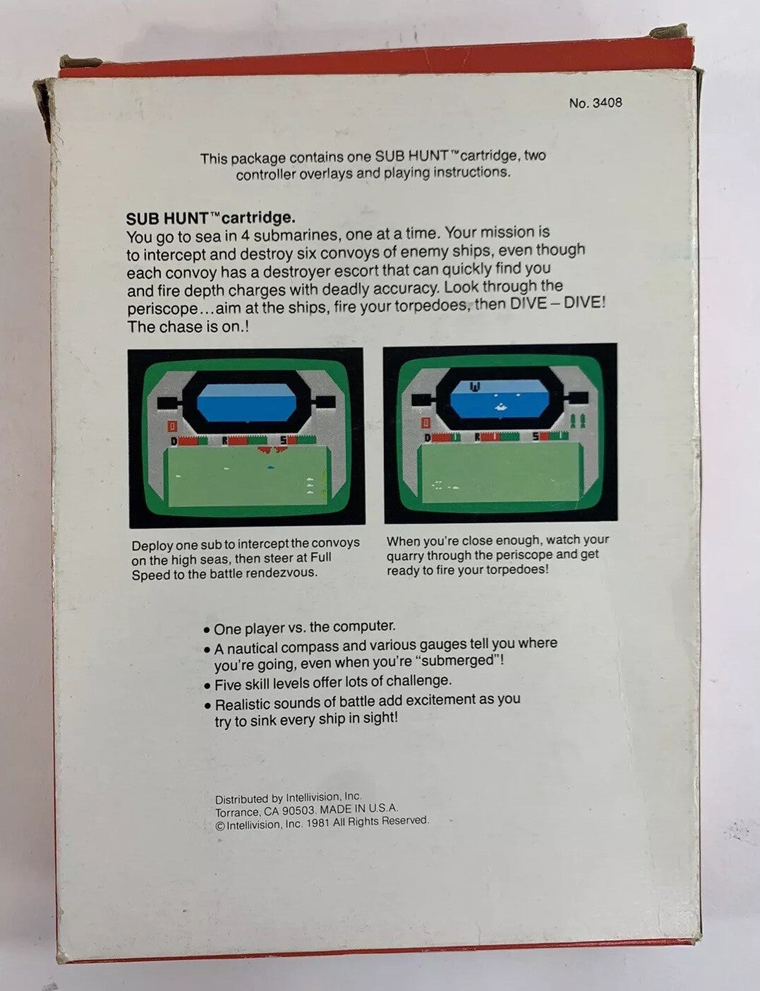 Sub Hunt (Intellivision, 1982) Game Box Manual Overlay - Tested and Working
