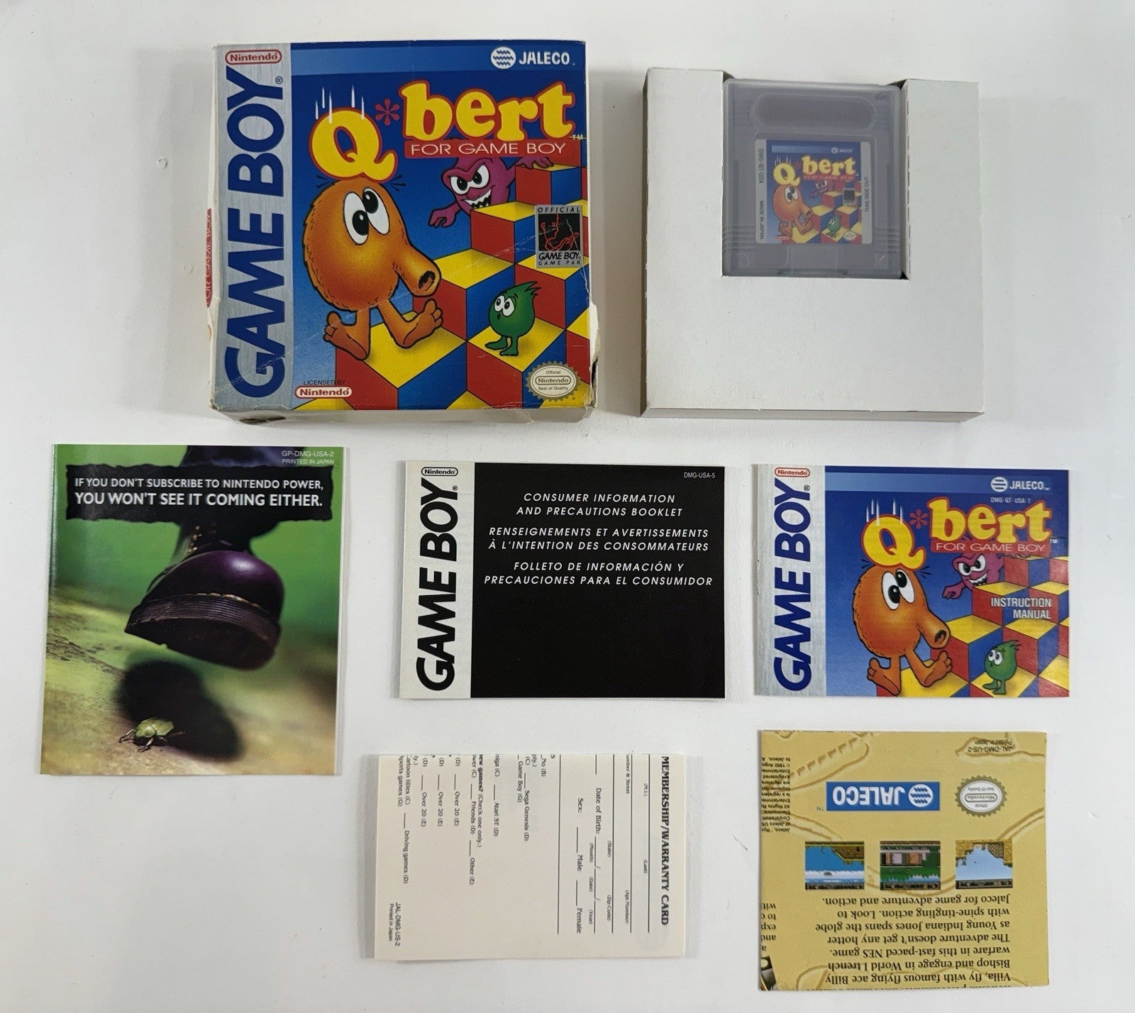 Q*Bert (Nintendo GameBoy, 1991) Game Box Manual Registration Inserts - Tested