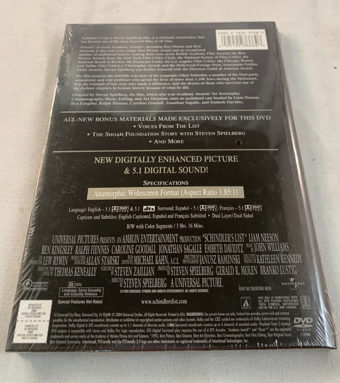 Schindler's List (DVD, 2004, Full Frame, Digipak Packaging Edition) NEW