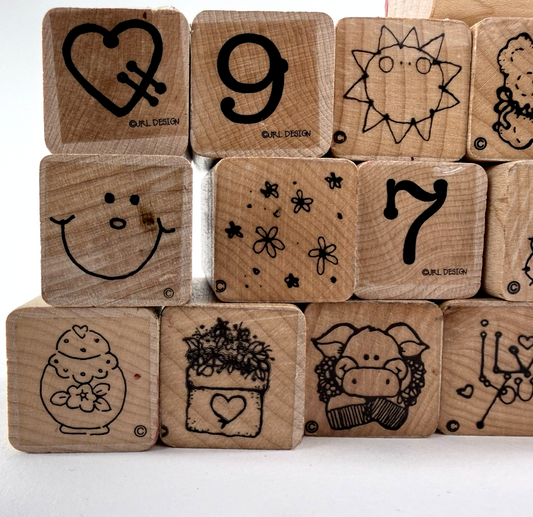 19 Pcs. Vintage Mini Wood Mounted Stamps -  Numbers Flowers Expressions Animals
