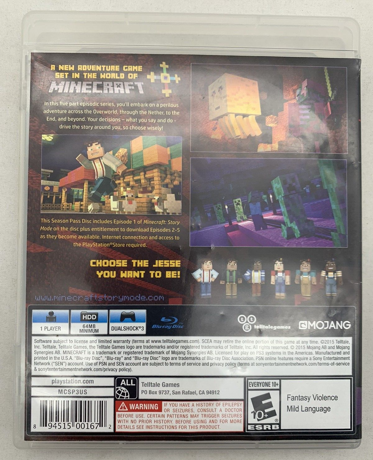 Minecraft: Story Mode Season Pass (PlayStation 3, 2015) Game Case Insert -Tested