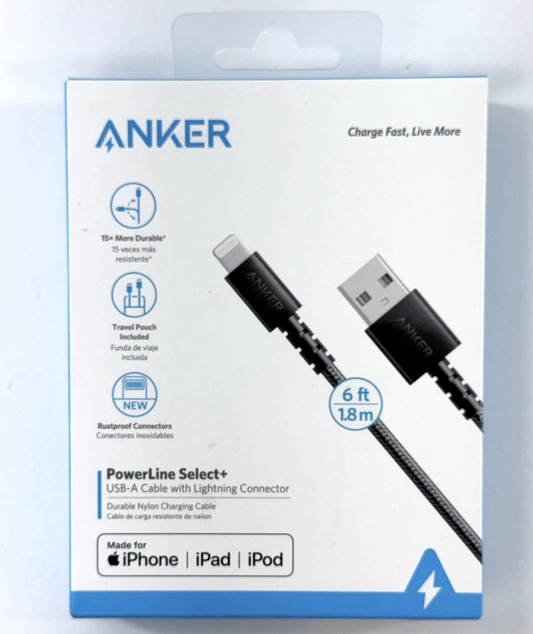 Anker Powerline Select+ 6ft USB-A Cable Lightning Cables MFi Certified - New