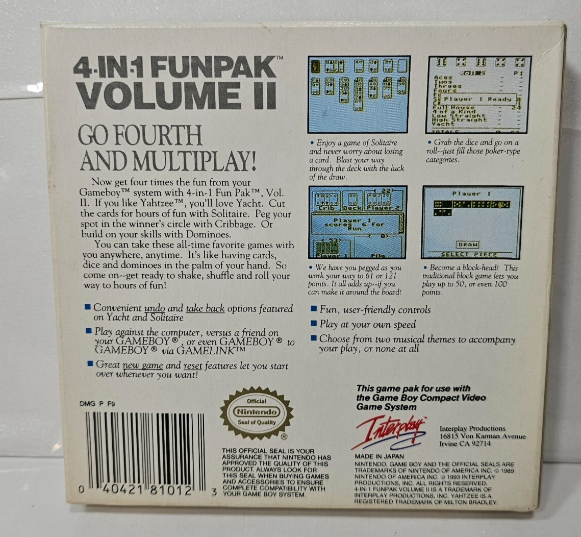 4 in 1 Funpak Volume II (GameBoy, 1993) Game Box Manual Inserts Registration