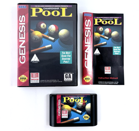 Championship Pool (Sega Genesis, 1993) Game Case Manual - Tested and Working
