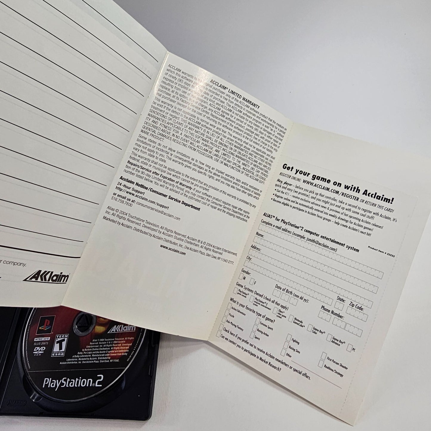 Alias (Sony PlayStation 2, 2004) Game Case Manual Registration - Tested