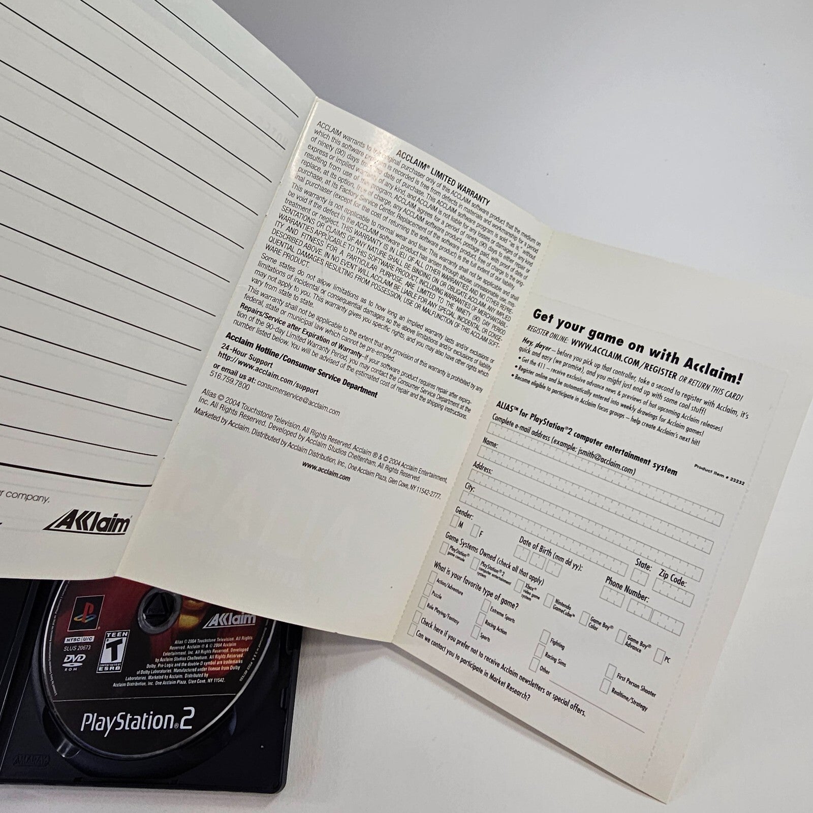 Alias (Sony PlayStation 2, 2004) Game Case Manual Registration - Tested