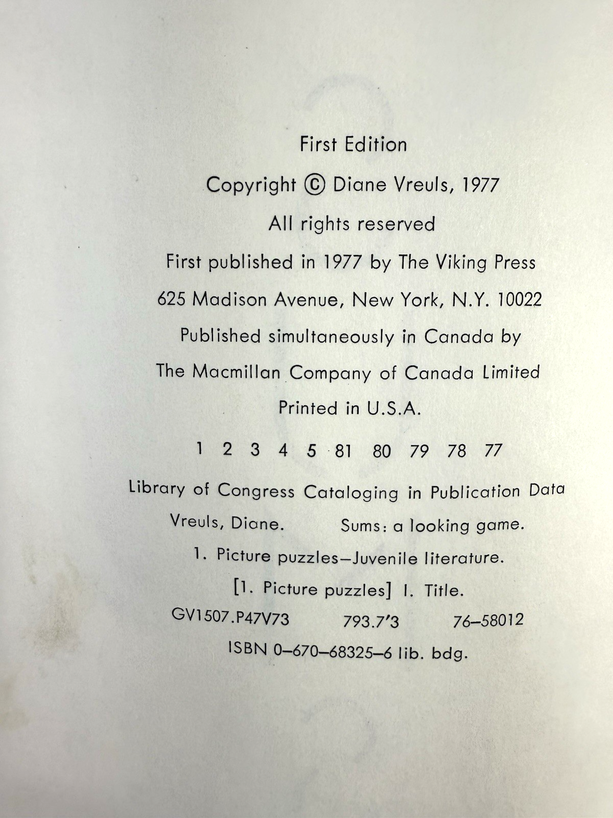 Sums: A Looking Game by Diane Vreuls (Hardcover, 1977) First Edition