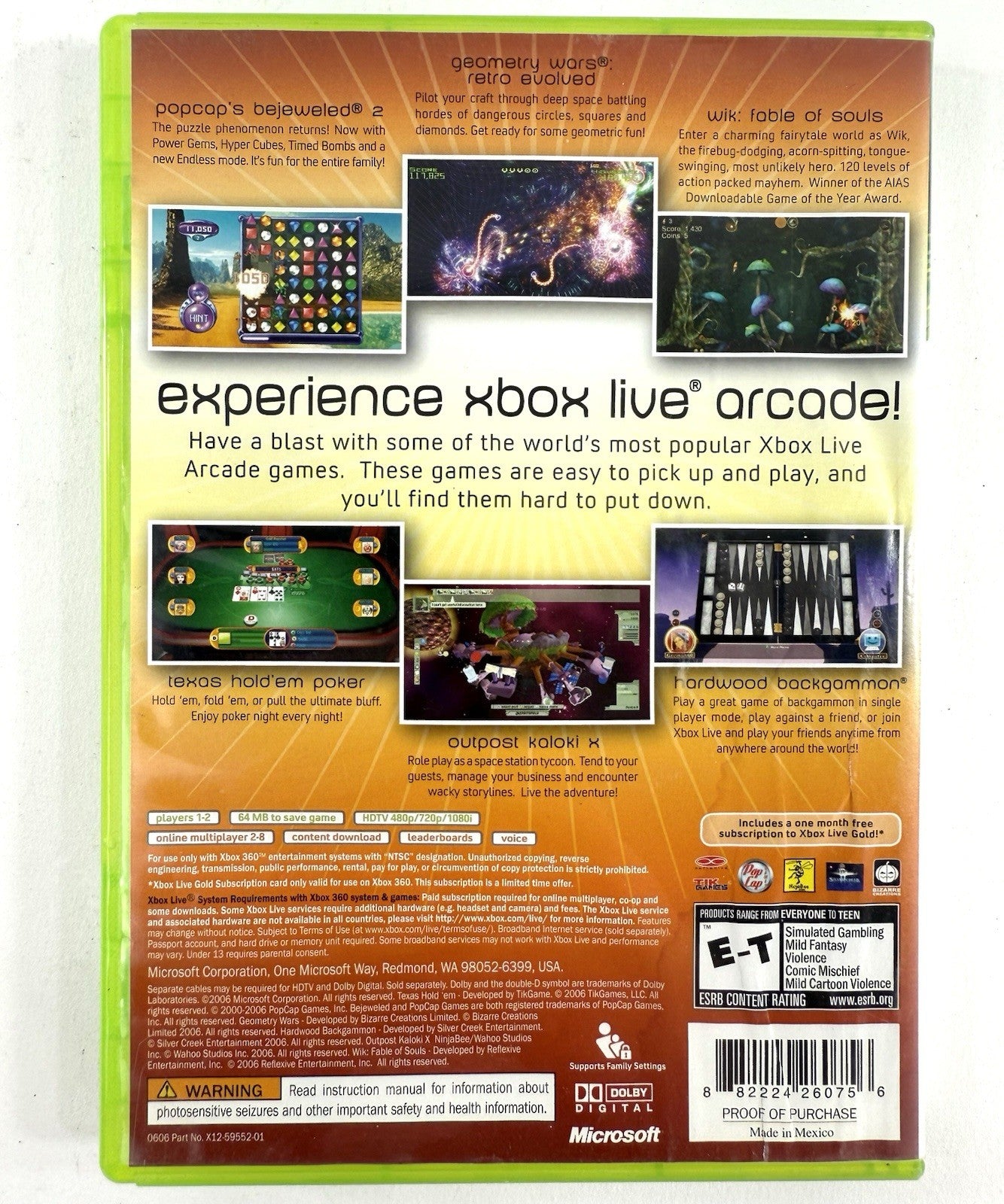 Xbox Live Arcade Unplugged Vol. 1 (Microsoft Xbox 360, 2006) Game and Case