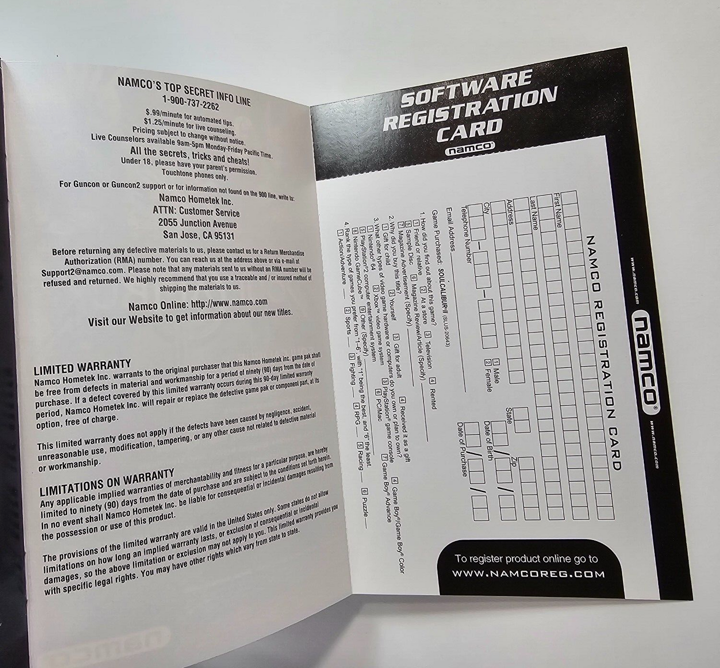 Soul Calibur II (PlayStation 2, 2003) Game Case Manual Registration Demo -Tested