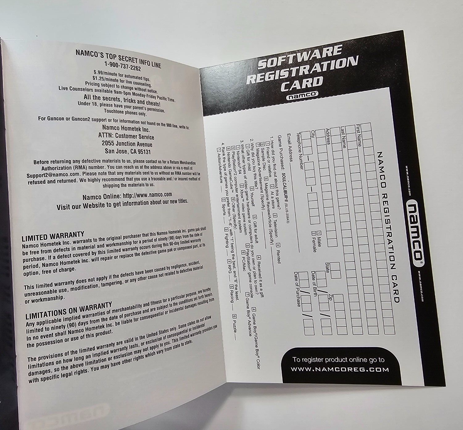 Soul Calibur II (PlayStation 2, 2003) Game Case Manual Registration Demo -Tested