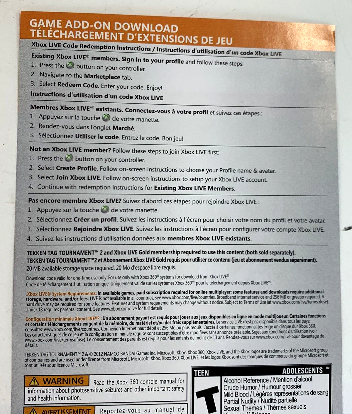 Tekken Tag Tournament 2 (Xbox 360, 2012) Game Case Manual Insert - Tested