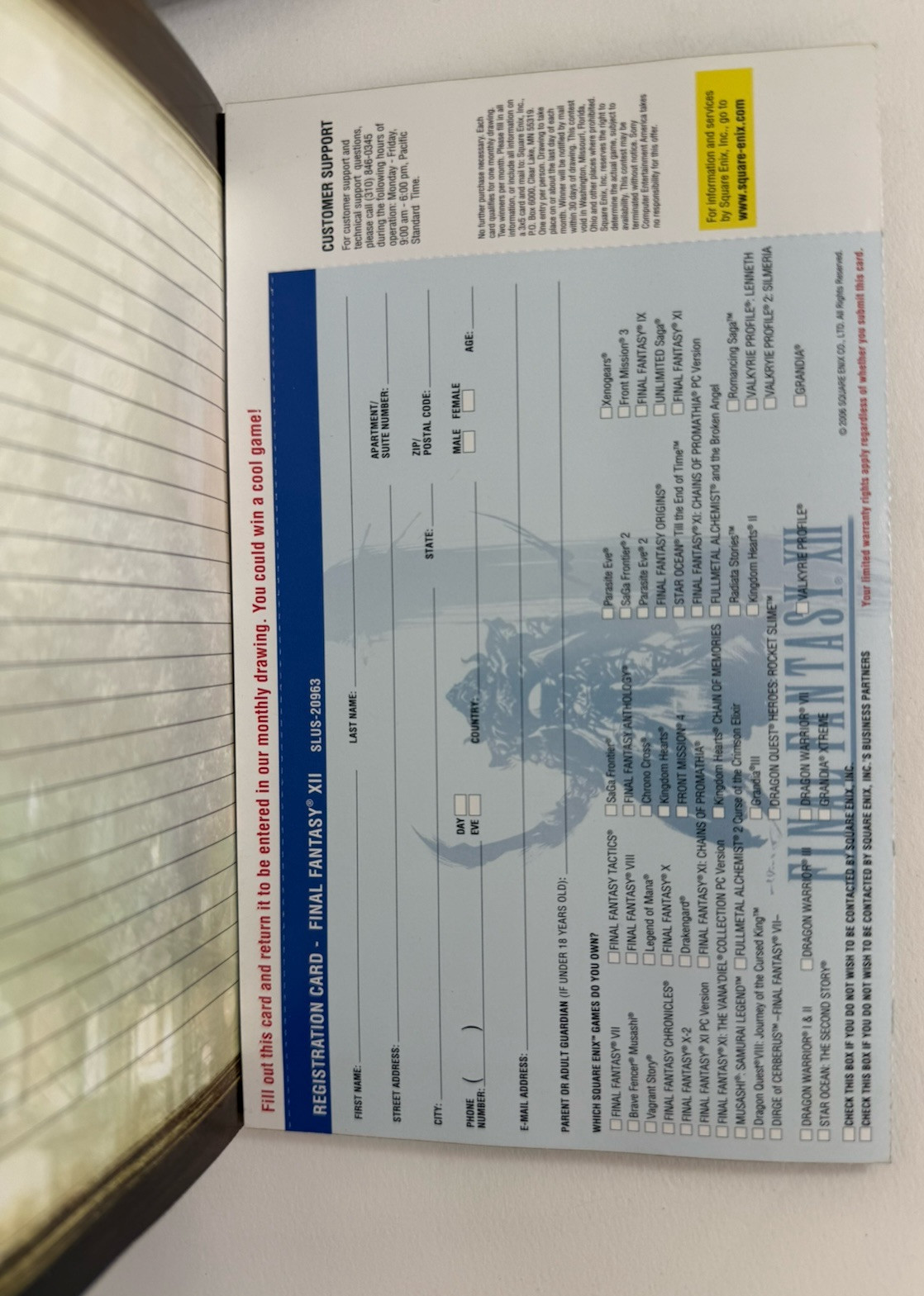 Final Fantasy XII (PlayStation 2, 2006) Game Case Manual Registration - Tested