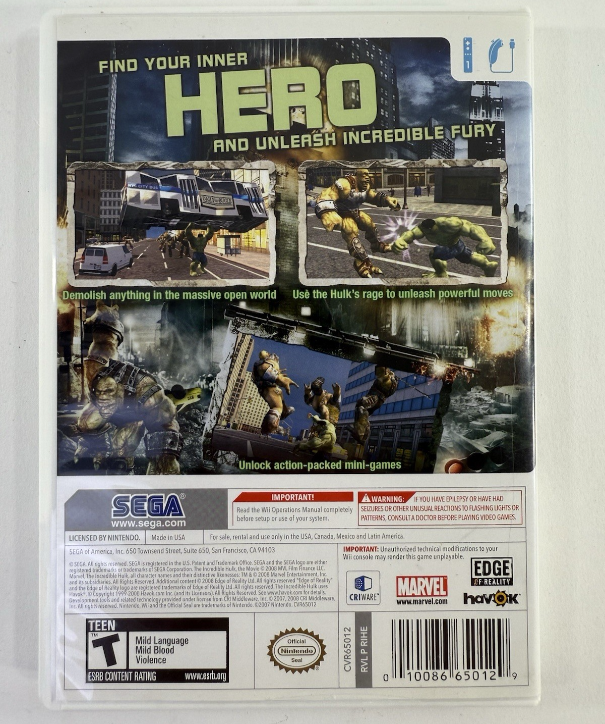 The Incredible Hulk (Nintendo Wii, 2008) Game Case Manual - Tested and Working