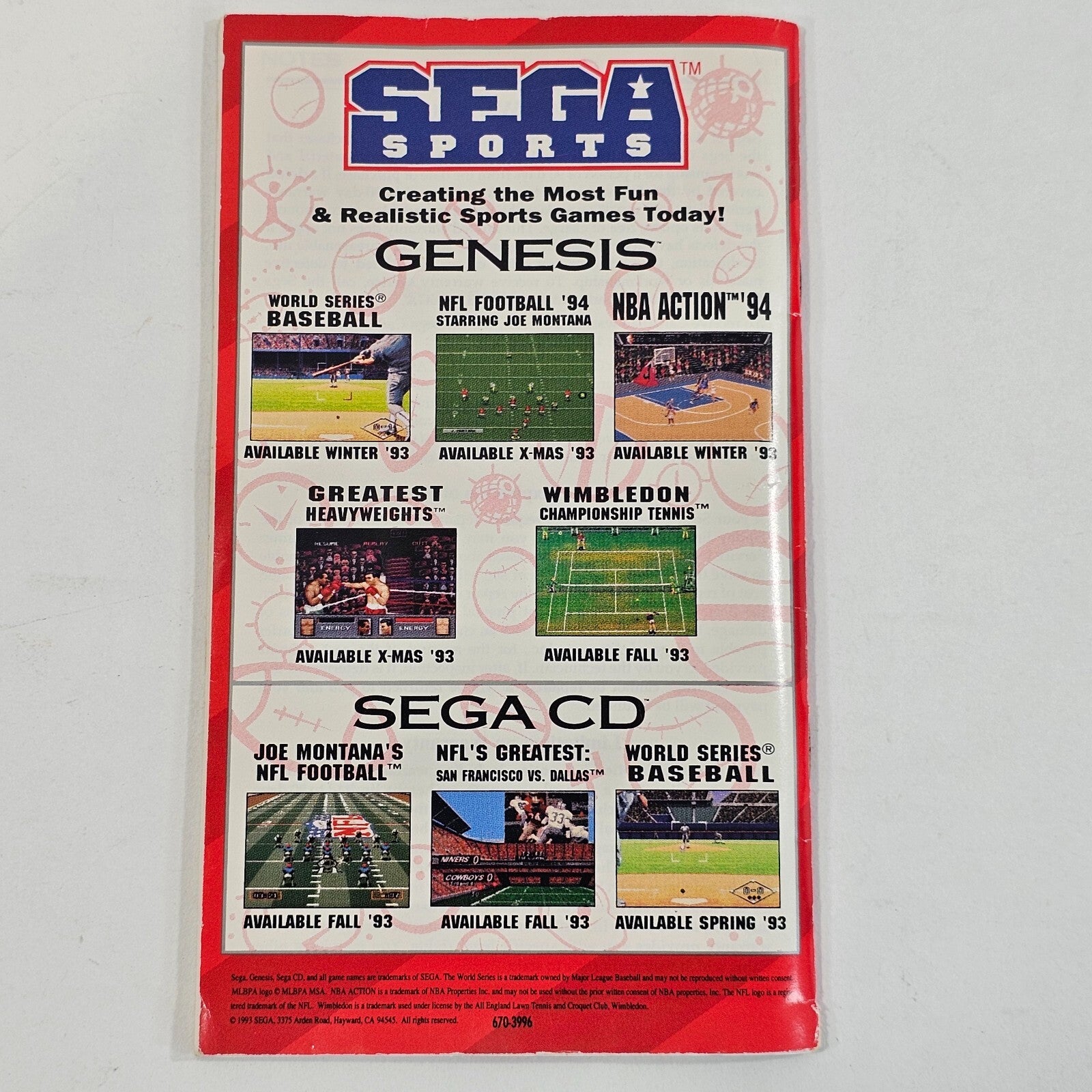 NFL Football '94 Starring Joe Montana (Sega Genesis, 1993) Game Case Manual