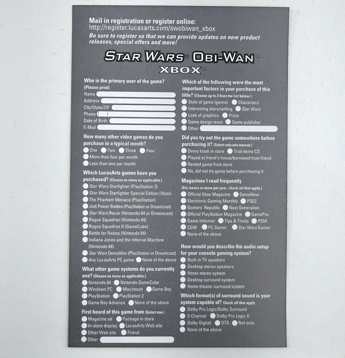 Star Wars: Obi-Wan (Microsoft Xbox, 2001) Game Case Manual Registration - Tested