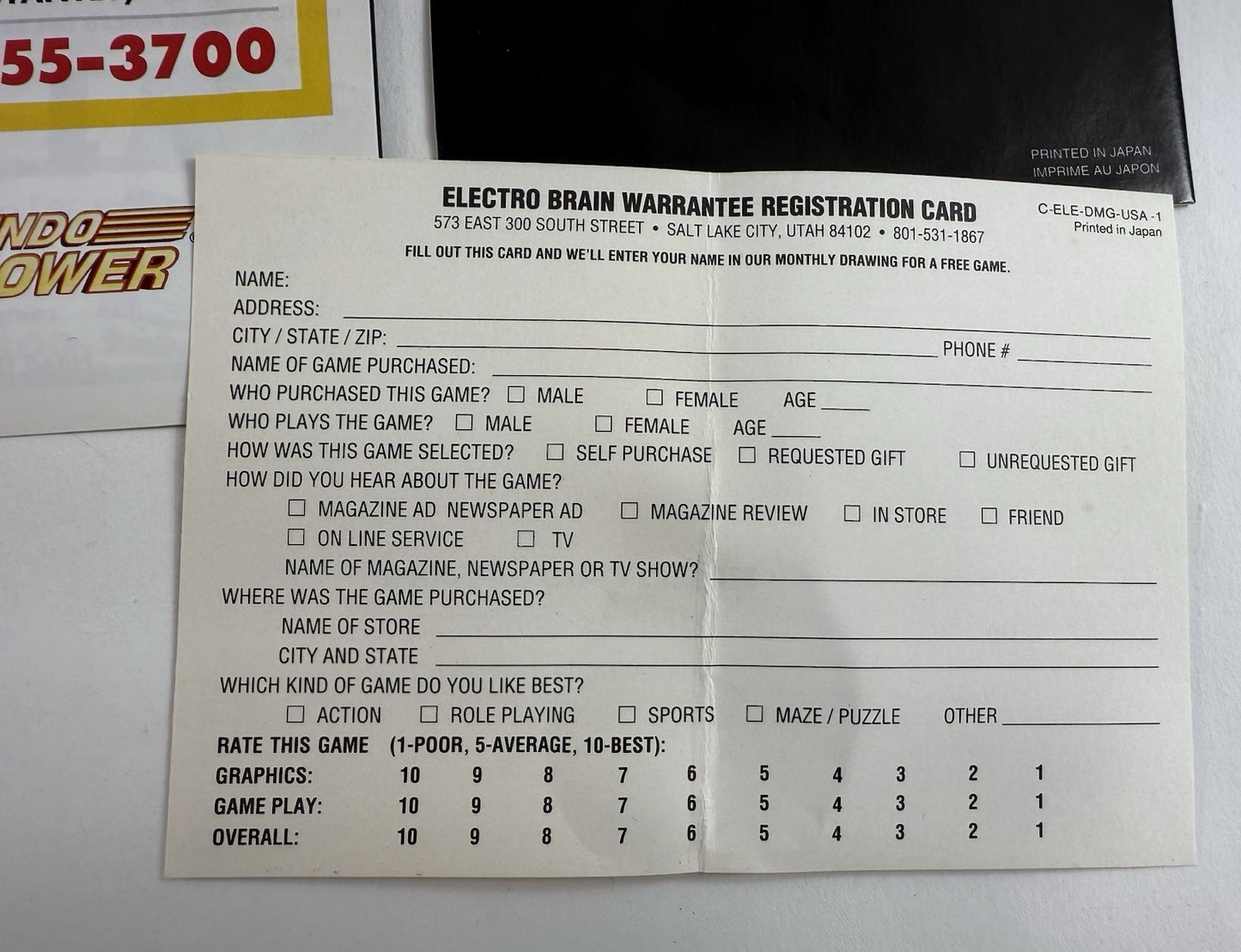 Bionic Battler (Nintendo GameBoy, 1992) Game Box Manual Registration Inserts