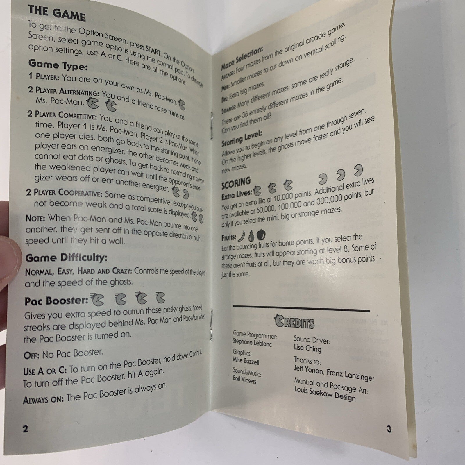 Ms. Pac-Man (Sega Genesis, 1991) Case Game Manual Inserts - Tested