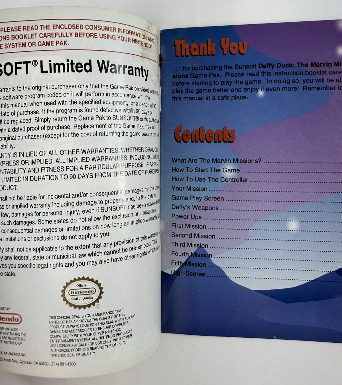 Sunsoft 1993 Daffy Duck The Marvin Missions Instructional Manual SNS-YF-USA