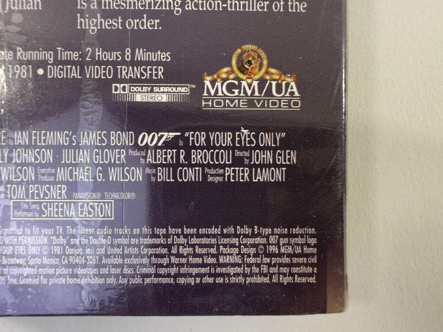 For Your Eyes Only (VHS, 1996) New, Factory Sealed - Roger Moore James Bond Film