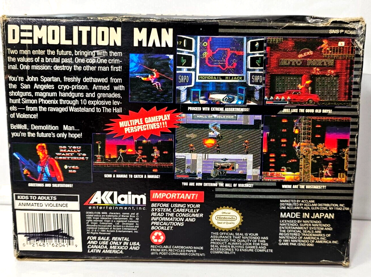 Demolition Man (Nintendo SNES, 1995) Game Box Manual Inserts Poster Registration