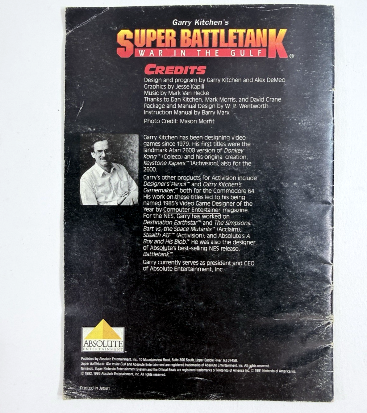 Garry Kitchen's Super Battletank War In The Gulf Instruction Manual SNS-SB-USA-1