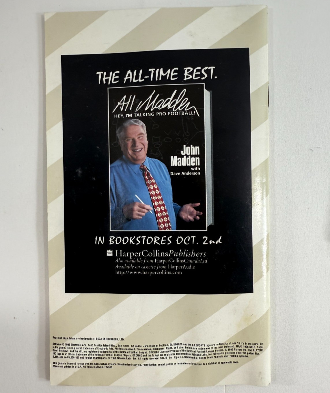 Madden NFL 97 (Sega Saturn, 1996) Game Case Manual Poster Insert - Tested