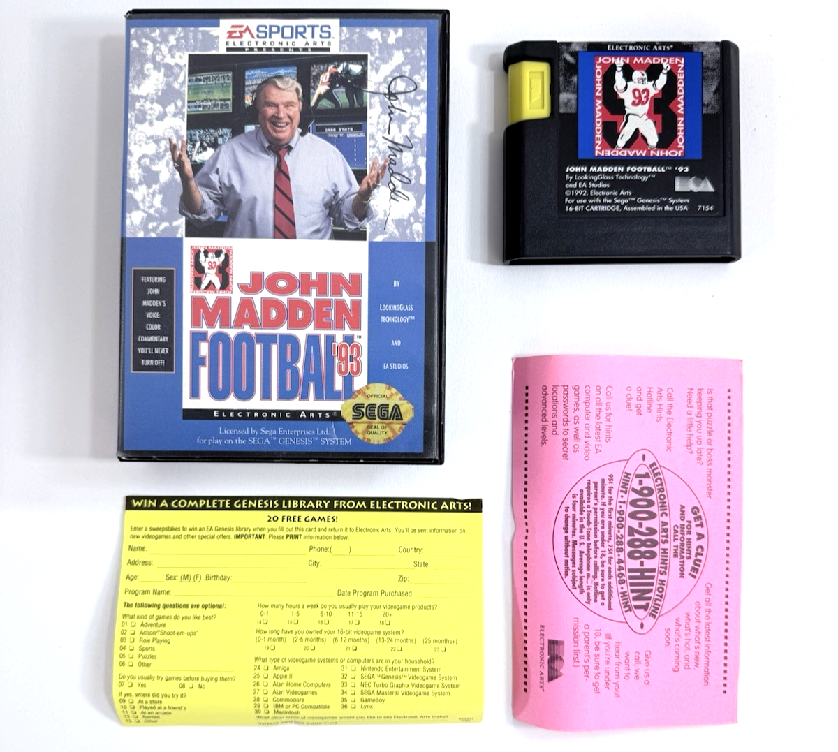 John Madden Football '93 (Sega Genesis, 1993) Game, Case, Registration, Insert
